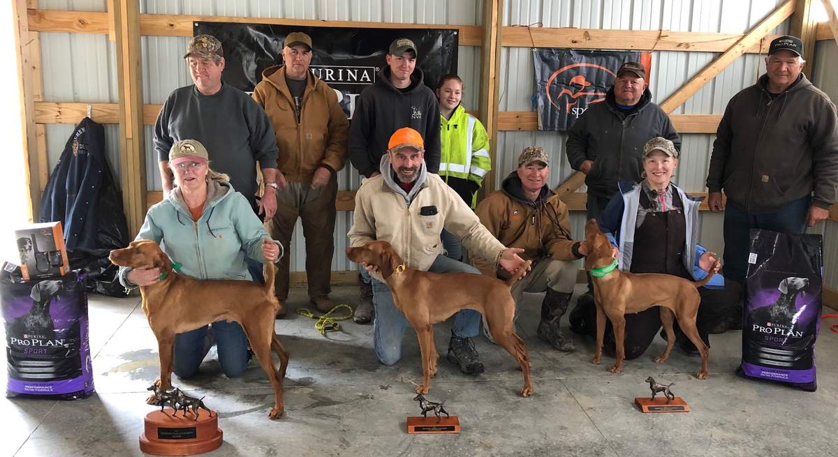 Winners. From L: Denise Chenoweth w/ C K Guy's Jake, Russ McKay w/ Freya's Red Raven, and Nancy Browne w/ Bold Warrior. Behind: Ron Chenoweth, Judge Jeff Wallace, Chance Vire, Mackenzie Huston, kneeling Chad Chadwell, Judge Bill Elliott, Rodney Albin