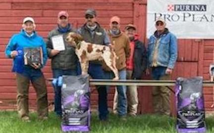 Nebraska Brittany Championship Winner. From left: Cindy Findley (judge), handler Richard Beaver, Scott Johnson with Arrow's Tequila Rustler, Matt Harris (judge), Wesley Felt and Stan Truksa